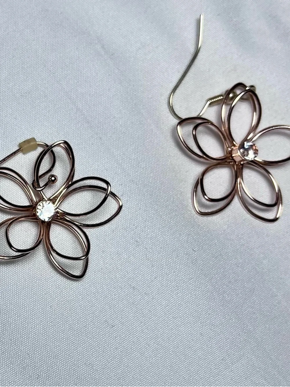 Rose Gold Flower Wire Loop Earrings with Clear Crystal - Picture 6 of 7